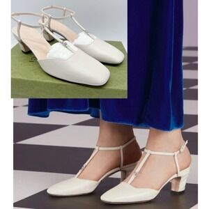 GUCCI DOUBLE G INTERLOCKING LOGO Slingback Heel Pump White Leather EU 38.5